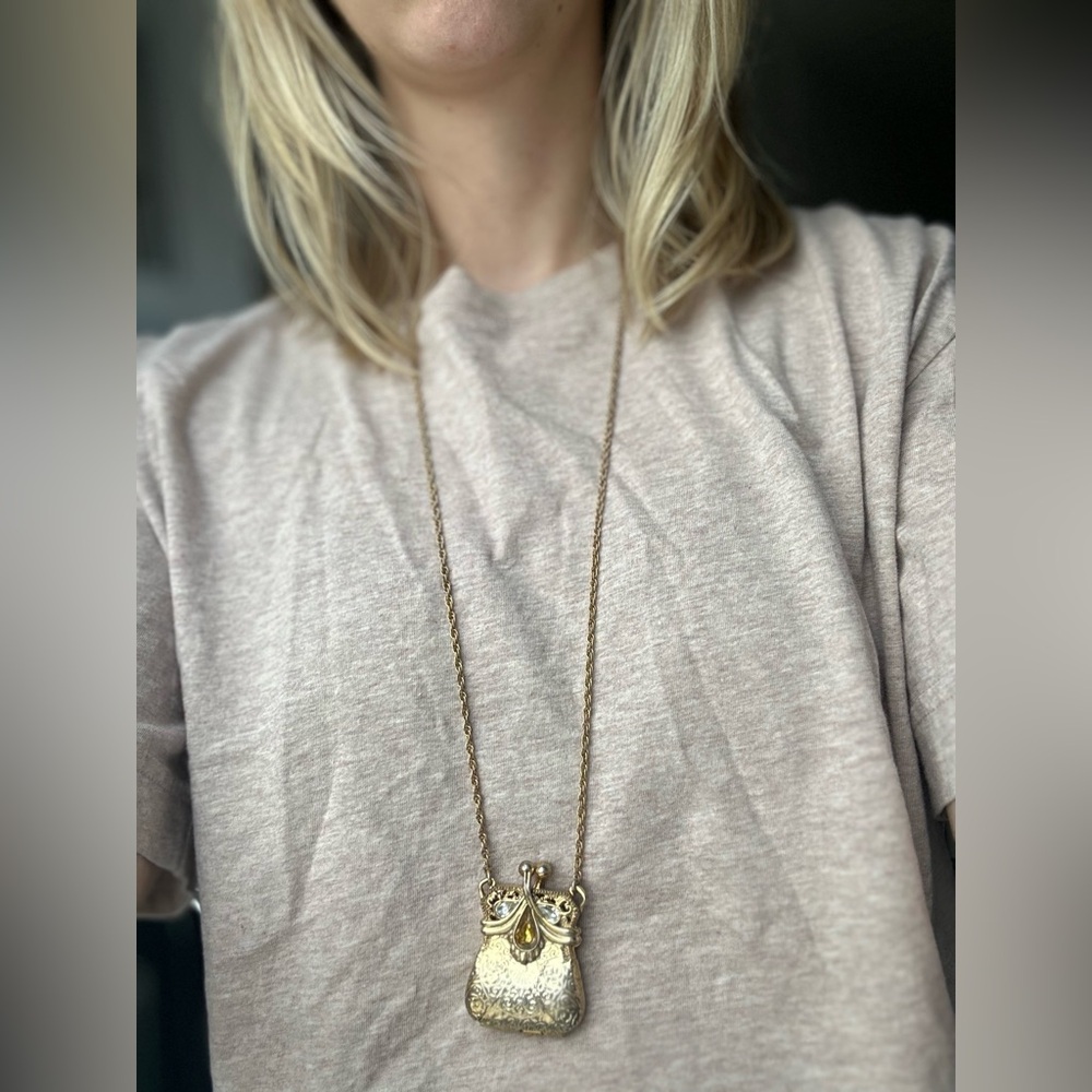 VTG Antique Gold Purse Locket Charm Gold Chain Necklace
